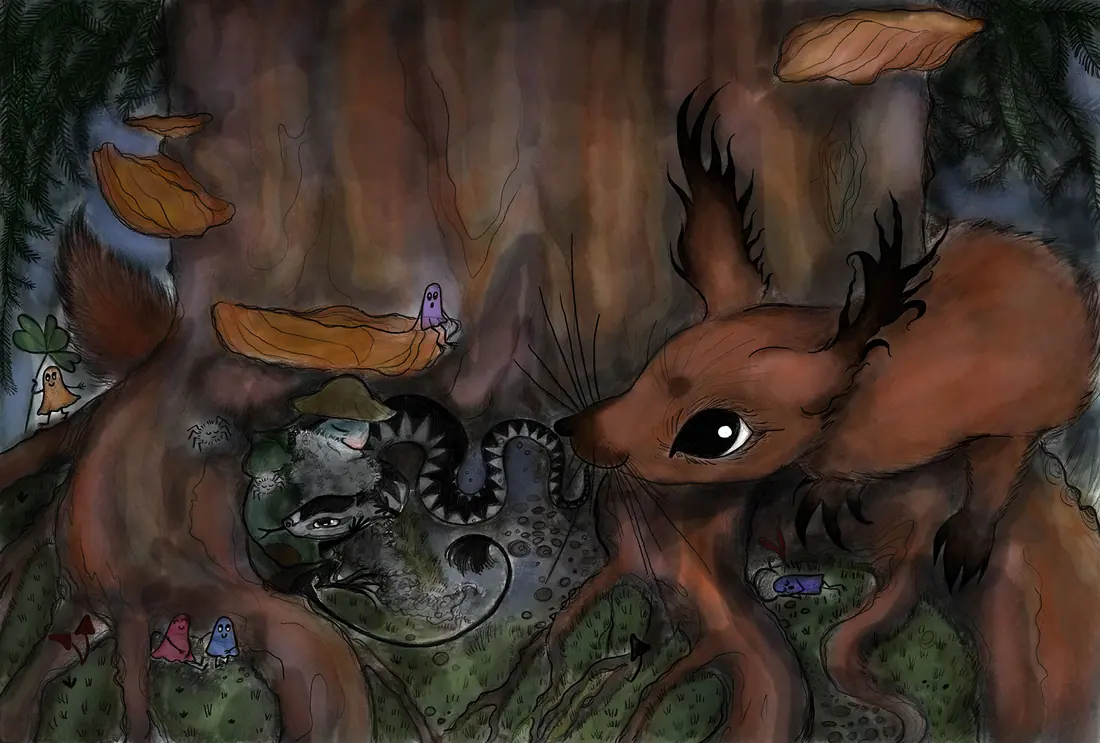 Illustration av en huggorm och en ekorre vid foten av en stor gran i en finsk skog, ur bilderboken Kyni ja metsän vanhin.